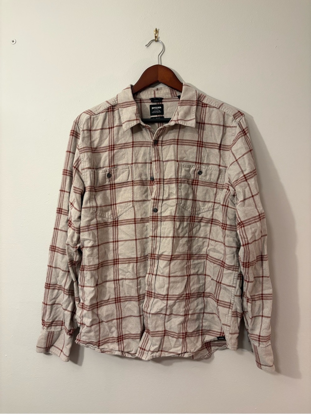 prAna Slim Fit Plaid Flannel Button-Down — Oatmeal & Rust — Size L 🍂